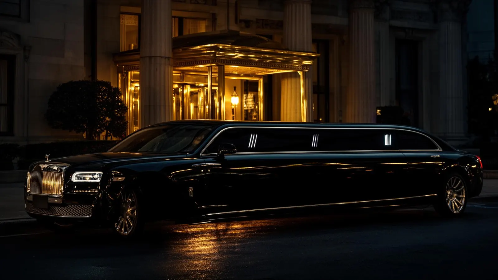 Black stretch limousine outside a grand hotel at night